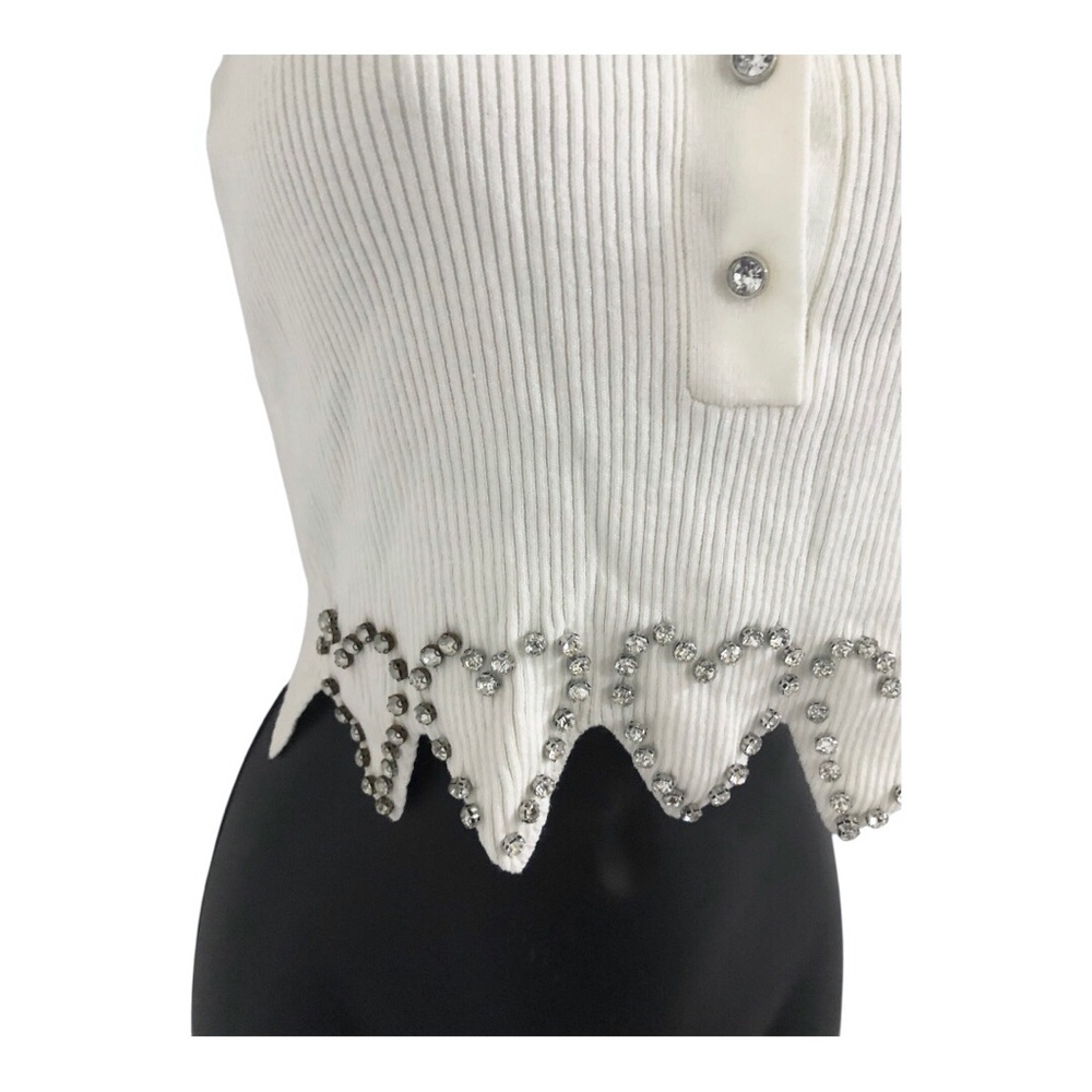 white cz diamond rhinestone heart shape scallop hem crop knit top size Small new - Picture 6 of 11